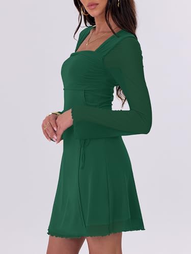 Image of Caracilia Womens Sexy Mesh Ruched Mini Dresses Long Sleeve Square Neck Tie Fall Club Party Cocktail Short Dress 2026 Fashion
