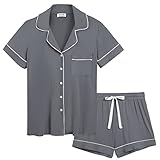 Cherrydew Womens Pajamas Set Short Sleeve Bamboo Button Down Soft Pj Lounge Sets(Dark Gray, Large)