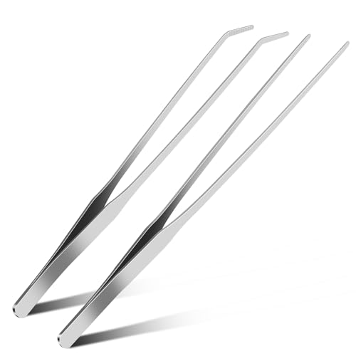 2pc-10.6Aquarium Tweezers Stainless Steel Straight and Curved Tweezers Set Long Handle Reptile Feeding Tongs for Lizards Bearded Dragon Snake Tank Accessories (Silver)