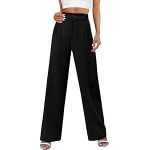 PASUDA Damen Hose Sommer Weites Bein Hight Waist Freizeithose Business Hosen Anzughose Casual Elegant Arbeitshose Geradem Loose Lang Stoffhose Sommerhose mit Taschen und Knöpfen
