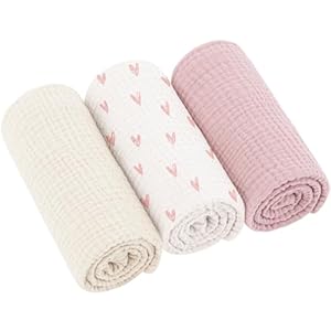 Bearmoss Moltontücher Baby 100% Baumwolle Weiche Spucktücher Baby,Atmungsaktiv und Extrem Saugfähig Musselin Tuch für Saugstark Mulltücher 3er 60x60cm(Rosa Herz)