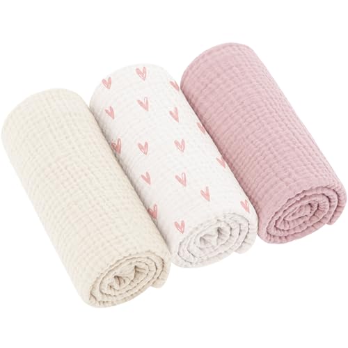 Bearmoss Moltontücher Baby 100% Baumwolle Weiche Spucktücher Baby,Atmungsaktiv und Extrem Saugfähig Musselin Tuch für Saugstark Mulltücher 3er 60x60cm(Rosa Herz) 1