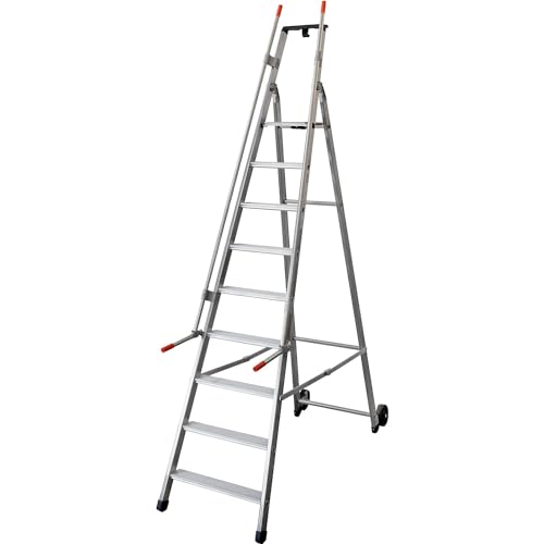 Escalera móvil para almacén y para estanterías, con 2 pasamanos y ruedas, 9 peldaños incl. plataforma.