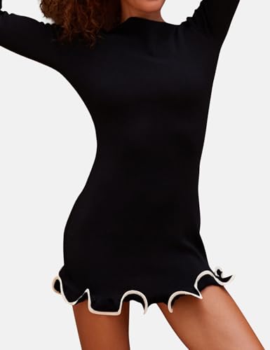 Image of ISZPLUSH Women's Sexy Bodycon Ruffle Hem Knit Dress Crew Neck Long Sleeve Slim Club Party Mini Dress