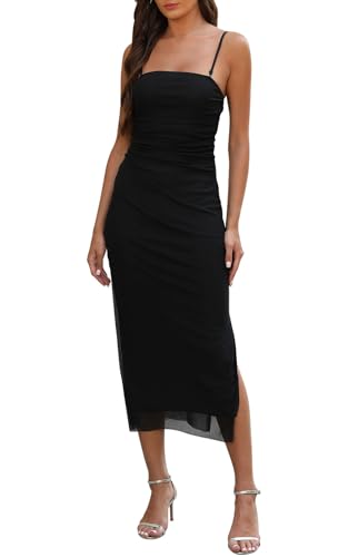 Adigaber Women's Mesh Dress Spaghetti Strap Printed Side Slit Fitted Maxi Dress Black