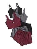 SOLY HUX Women's 3 Sets Pajama Set Lounge Sets Lace Button Camisole Crop Tank Tops and Shorts PJs Sleepwear Black Grey Burgundy M