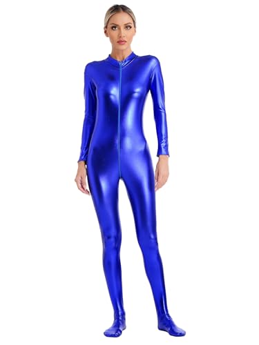 Riismen Senhoras fato inteiro metálico de corpo inteiro manga comprida macacão Bodysuit Monopiece Jumpsuit disfarce de carnaval, azul, L