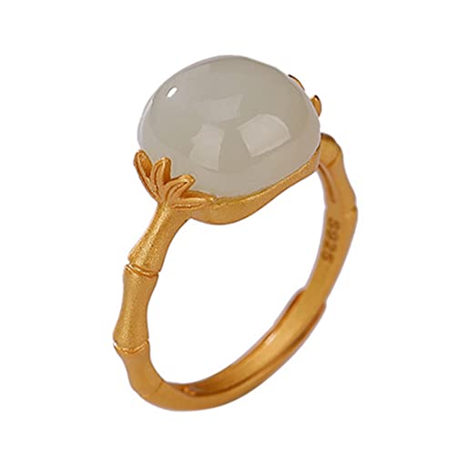 Bague ajustable en jade et bambou plaqué or, argent S925 raffiné pour femme