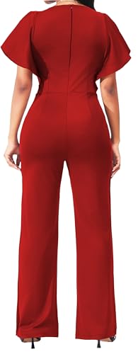 SxClub Elegant Red Jumpsuits for Women Dressy Sexy Formal Short Ruffles Sleeve Long Straight Pants Wedding Guest Business Jumpsuit with Zipper(Large)