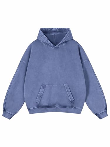 Adenorah Womens Oversized Cute Hoodie Mens Fall Acid Wash Blank Preppy Y2K Vintage Heavyweight Cotton Sweatshirts Hoodies with Pocket, Blue, Plus Size