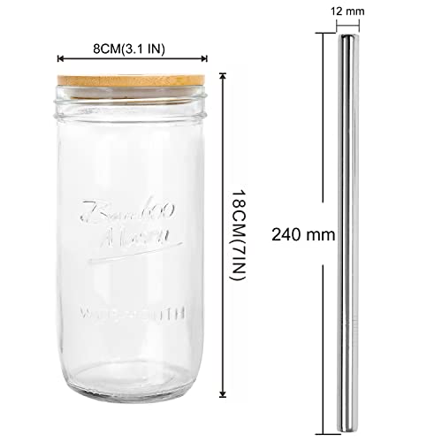 Mason Jar With Lid And Straw, Anotion 24Oz Wide Mouth Boba Cup Reusable Drinking Glasses Tumbler Smoothie Water Bottles For Iced Coffee Margaritas Ice Cream Juice Cocktail Travel Office Home, 2 Packs #TOP1