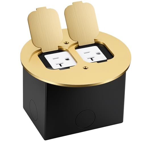 Image of Round Brass Recessed Floor Outlet Box, UL Listed Low Profile Hidden Dual Flip-up Floor Outlet, 20A Tamper Resistant Duplex Receptacles for Living Room, Home Office, Conference Room