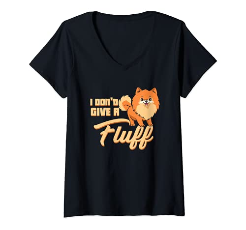 Women's I Don't Give A Fluff Funny Pomeranian Dog V-Neck T-Shirt, Black