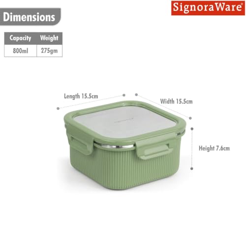 Image of Signoraware Lock N Store Microsafe Steel Square Container+ Lid(800ml,Egreen)