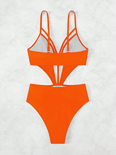 MakeMeChic Women's Cut Out Mesh Insert Strappy One Piece Swimsuit Monokini Swimsuit Orange S - Image 3