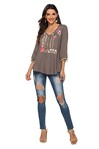 Ak Women's Boho Embroidered Tops 3/4 Sleeve Mexican Peasant Shirts Bohemian Loose Tunic Blouses. (Grey, 2Xl) #TOP2