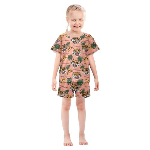 Tiger with Pizza Cartoon Pattern Summer Cute Pajama Sets, Short Sets for Daily Wears and Sleep Wears3