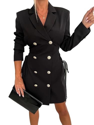 Womens Long Sleeve Lapel V Neck Lace Up Button Bodycon Sexy Nightclub Party Blazer Jackets Dress