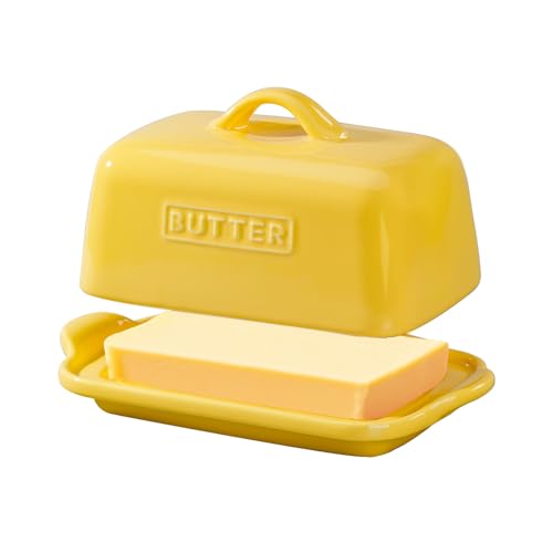 ADIVEE Large Butter Dish for Standard UK Butter-Whether a Whole 500g Block or Two 250g Blocks, Porcelain Butter Storage for Countertop, Ceramic Butter Container, White. (Yellow Butter Dish)