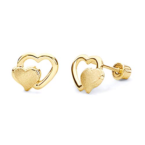 14k REWL Yellow Gold Double Heart Stud Earrings with Screw Back - Main Image