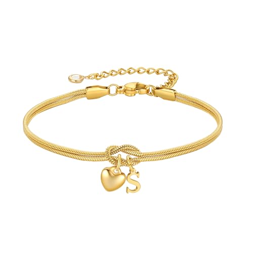 TINGN Bracelet en or pour femme et fille - Bracelet à nœuds plaqué or 18 carats avec lettres personnalisées en forme de cœur - Bracelets nœud d'amour -...