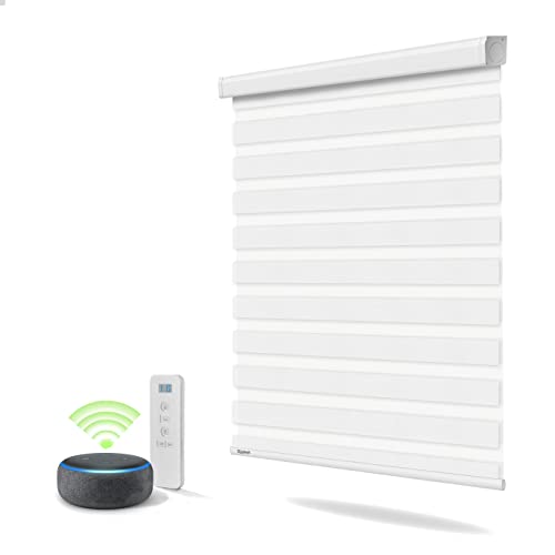 Motorized Zebra Blinds Compatible with Alexa, Smart Dual Layer Shades with Privacy Light Control, Electric Horizontal Window Blind Customized Size for Home Office (White)