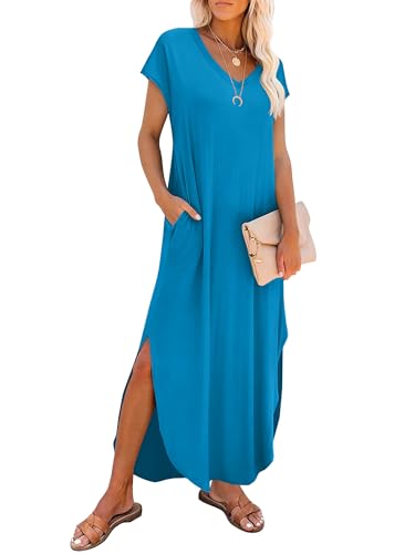Image of RUMIA Summer Maxi Dresses for Women Cap Sleeve Long Sundress with Pockets