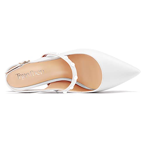 TNYNFBEB Womens Chunky Block High Heel Close Pointed Toe Pumps Ankle Strap Buckle Pearls Party Cute 3.9 Inches Heels4