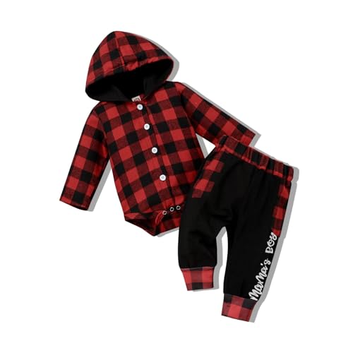 Image of Fuermos Newborn Baby Boy Clothes Plaid Button Long Sleeve Hoodie Romper+ Mama's Boy Pants Fall Winter Outfits Set