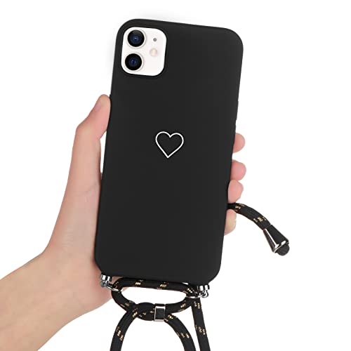 Cover Cordino per iPhone 11 6.1 con Disegni Custodia Amore Cuore Motivo Aesthetic con Laccio Tracolla Catena Morbido Antiurto Case con Collana Regolabile per 11Nera silicone