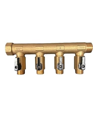 Collecteur laiton 4 départs Mâle 15/21 avec mini-vannes 1/2 de tour, entrée Femelle 20/27, sortie Mâle 20/27, idéal pour installations sanitaires et chauffage