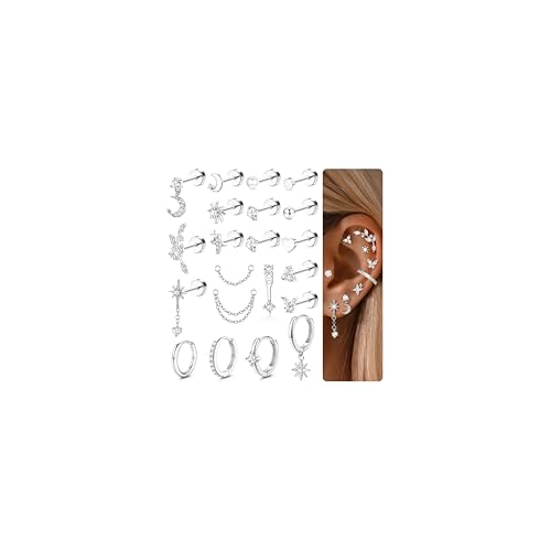 CASSIECA 21Pcs Boucles d'Oreilles Femme Piercing Oreille Acier Inoxydable Boucles d'Oreilles Créoles à Clous Lot Piercing Helix Conch Tragus Daith Cartilage...