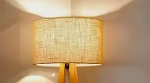 Image of Floor Lamp with Wooden Shelf, Tripod Stand, Linen Shade, Living Room Reading Light