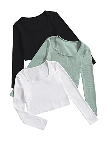 Image of Floerns Girl's 3Pcs Casual Scoop Neck Long Sleeve Ribbed Knit Tee Skirt