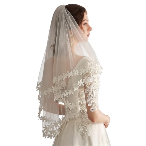 Velo de novia de doble capa blanco roto de encaje 82x52 cm para bodas