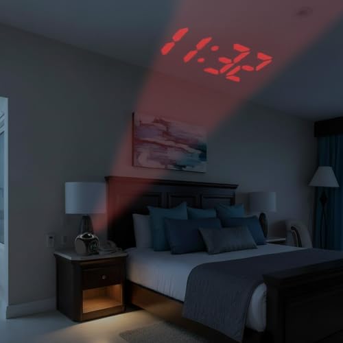 Image of LAZYwindow Digital LED Projection Alarm Clock with Voice Talkback | Adjustable Ceiling Projector & LCD Temperature Display | Night Light & Table Clock for Bedroom (Black)