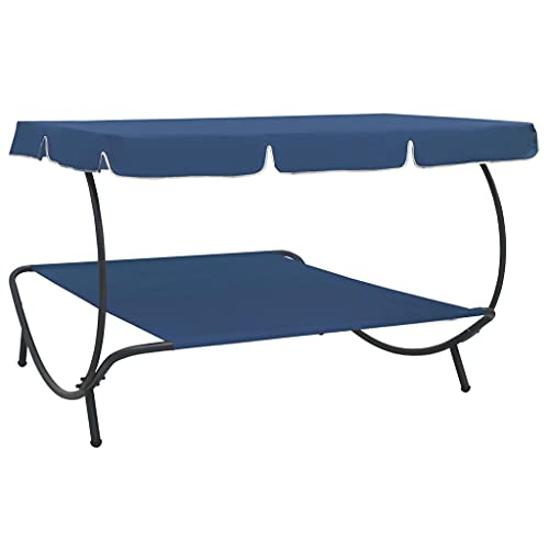 Cama de salón al aire libre con toldo azul y tumbonas para jardín 6