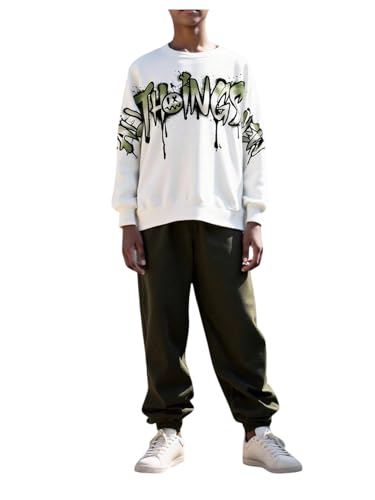 VIPWOLF Boy's Sweatsuits 2 Piece Graphic Crewneck Sweatshirts and Letter Patched Jogger Pants Clothing Sets White Army Green 11Y