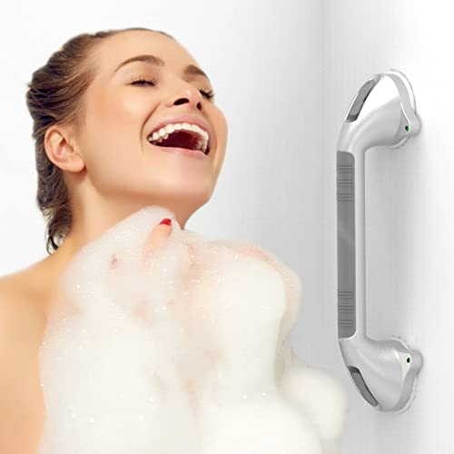 Safety+Beauty Suction Shower Grab Bar, Bath Tub Handle With Indicator, Anti-Slip Grip, Metallic Silver Dual Tone (Grey, 17 Inch) #TOP5