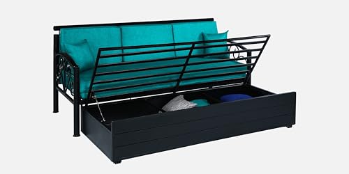 Image of 3 Seater Metal Sofa Cum Bed with Hydraulic Storage | Sofa Set for Living Room, Bedroom, Guest Room| Single Size Convertible Sofa Bed | Comfortable Seating Sofa Seablue & Black