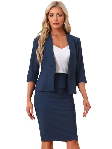 Allegra K Business Rock Anzug Set für Damen 2 Stück Büro Arbeit Outfit Kragenlos Blazer Bleistiftrock, marineblau, M