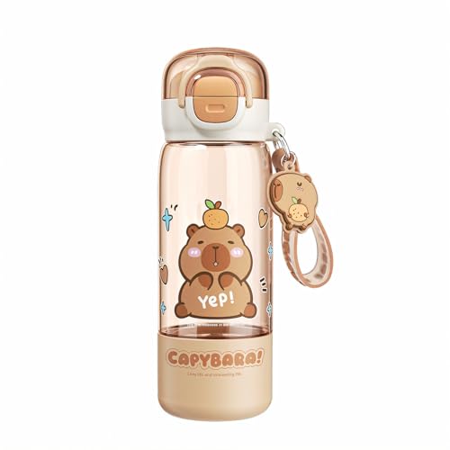 Lebaley Capybara Water Bottle with Lid Keychain - 510ml/18oz Cute Water Bottles with Straw and Leak Proof Locking Lid Bpa-free Plastic Kids Water Bottle for Boys Girls Outdoor Sports Capybara Stuff