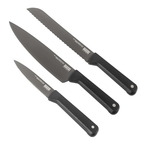Kuhn Rikon Iced Essential Knife 3-Piece Set with Chef's, Bread and Paring Knife. Crafted from Ice Hardened German Stainless Steel. Corrosion Resistant.