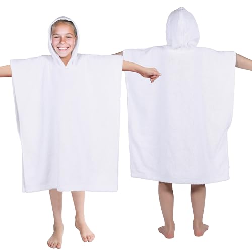 Image of Superior Kids Cotton Terry Poncho, Soft, Absorbent Bath Towel with Hood, Bathroom Accessories, Long, Plush Bathrobes for Bath, Shower, Spa, Resort, Hotel, Beach, Pool, Boy, Girl, Large Size, White
