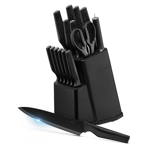 Onader Kitchen Knife Set with Block, 15Pcs Stainless Steel Knife Block Set with Honing Steel, Professional Sharp Knives Tools for Cutting, Chopping, Slicing, Easy to Clean & Heavy-Duty, Black
