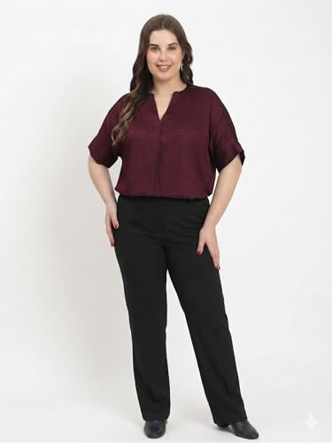 Image of SINDOORI Relaxed Fit Tops for Women Plus Size Solid Printed Mandarin Collar, Band Collar, V-Neck Top, Half Sleeve Loose Fit