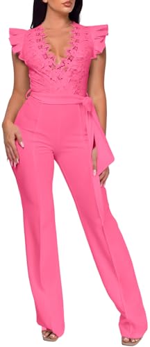 Image of PaladMom Womens Elegant Plus Size Jumpsuits Sexy Back zipper Short Sleeve Mid Waist Wide Leg Straight Rompers
