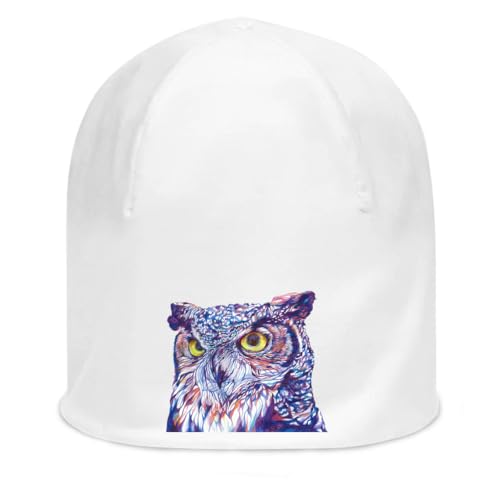 Bonnet en coton fin blanc motif hibou trippy et extensible pour adulte