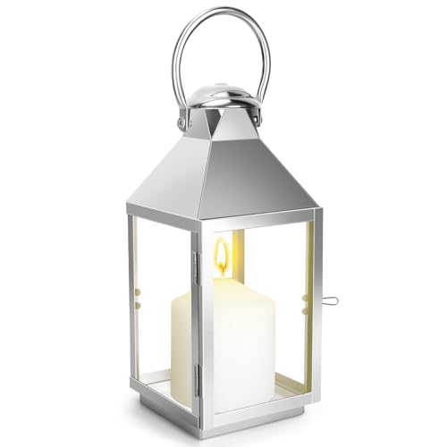 Farolillo plateado de metal para velas, 30 cm, farolillos de metal para exteriores, para exteriores, resistente a la intemperie, retro, Halloween, Navidad, cementerio, candelabro, decoración (plateado