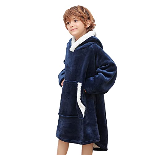 Xynhml Oversized Blanket Hoodie For Kids Flannel Sherpa Wearable Sweatshirt Blanket Snuggies Warm Plush Hooded Blanket With Huge Pocket And Elastic Sleeve Deep Blue #TOP3